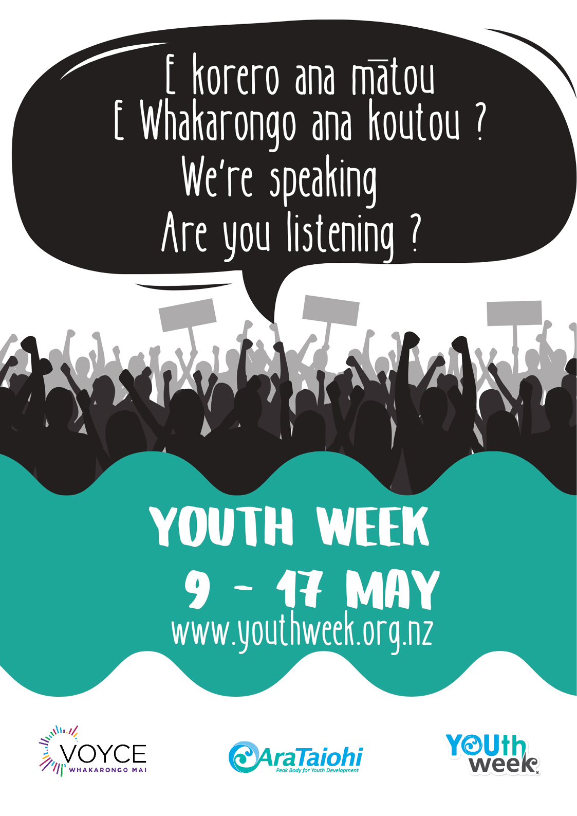 Silhouettes of group or crowd with hands in the air and holding grayed out placards. the theme is in a speech bubble as if the crowd are shouting out: "E korero ana mātou. E whakarongo ana koutou? We're speaking. Are you listening?"